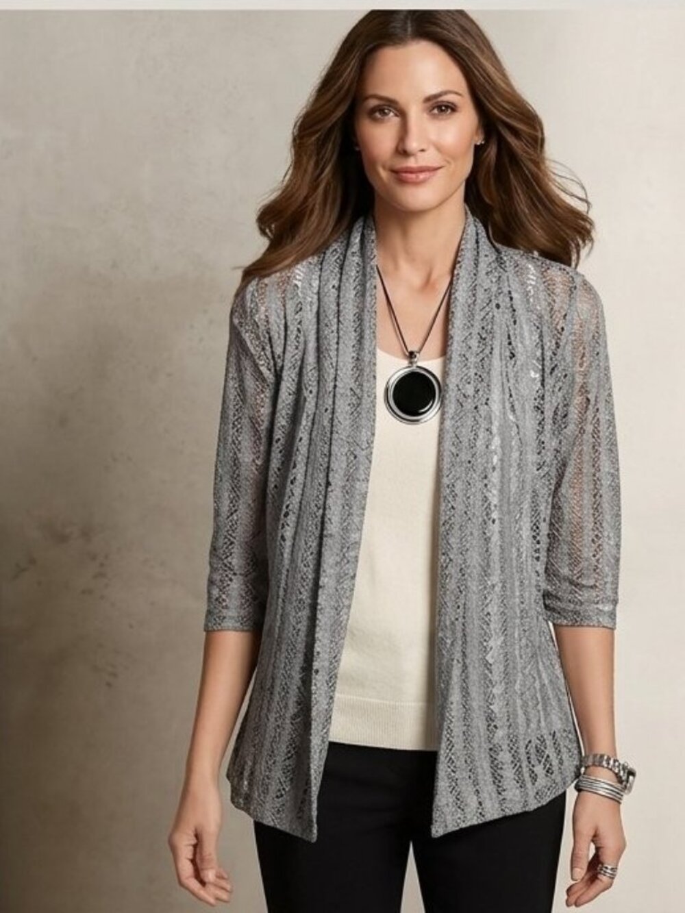 Chico's Travelers Women's Size 0/XS Grey Open Fold Over Collar Deco Lace Jacket